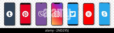Set of realistic smartphone mockup with social network logos Stock Vector