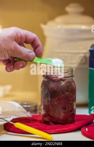 Canning venison in a northern Wisconsin kitchen. Stock Photo