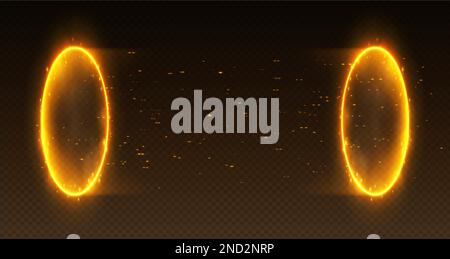 Magic fire portal, realistic teleport tunnel with smoke and sparkles, futuristic glowing golden neon rings. Stock Vector