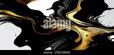 Marble panoramic texture, black gold colored marble surface, curved lines, bright abstract background design - Vector illustration Stock Vector
