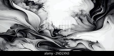 Marble panoramic texture, colorful black and white gray marble surface, curved lines, bright abstract background design - Vector illustration Stock Vector