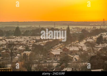 Sunset on a snowy winter evening from windmill hill gravesend looking towards Meopham Stock Photo