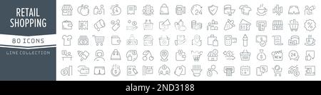 Retail and shopping line icons collection. Big UI icon set in a flat design. Thin outline icons pack. Vector illustration EPS10 Stock Vector