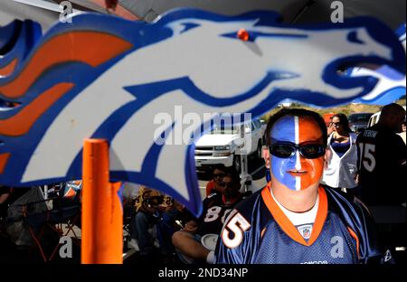 A Denver Broncos fan weers a big hat prior to the start of an NFL football  game between the Denver Broncos and the New York Jets Sunday, Oct. 17,  2010, in Denver. (