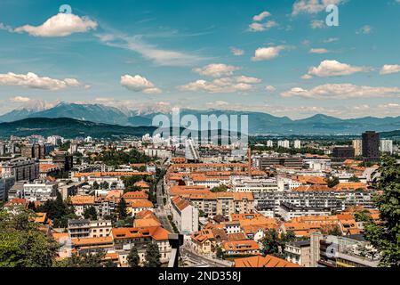 Panoramic cityscape of Ljubljana northern Slovenia and Kamnik Alps from Ljubljana Castle Stock Photo