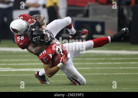 Atlanta Falcons tight end Tony Gonzalez (88) is brought down by Arizona  Cardinals linebacker Daryl Washington (58) after a catch for a first down  in the first quarter if an NFL football