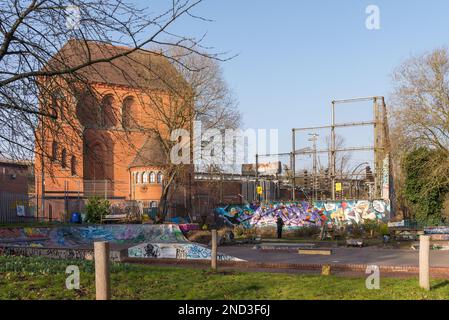 Skate park or skateboarding park covered in graffiti Stock Photo