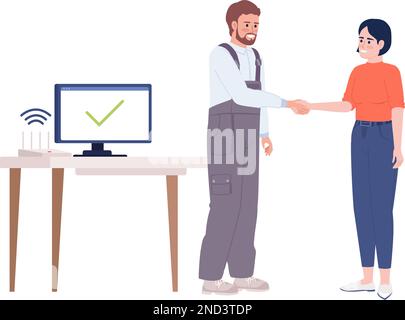 Technician fixing internet problem successfully semi flat color vector characters Stock Vector