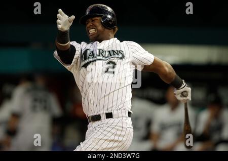 Florida Marlins' Hanley Ramirez reacts after a swing and miss by a pitch  from New York Mets R.A. Dickey during the first inning at Sun Life Stadium  in Miami Gardens, Florida, Sunday