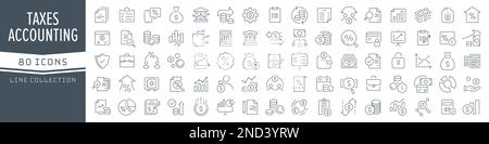 Taxes and accounting line icons collection. Big UI icon set in a flat design. Thin outline icons pack. Vector illustration EPS10 Stock Vector