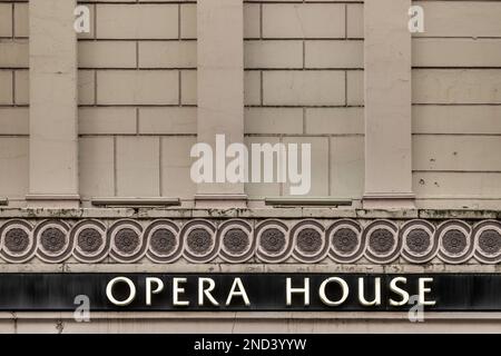 Closeup of the entablature on the exterior of the Opera House in Manchester. UK Stock Photo
