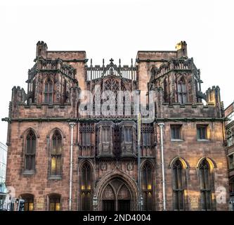 Neo-Gothic façade of John Rylands Library in Deansgate Manchester. UK Stock Photo