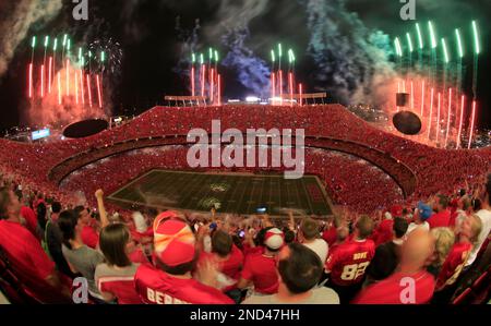 Fireworks stream above Arrowhead Stadium before an NFL football game  between the Kansas City Chiefs and the San Diego Chargers Monday, Sept. 13,  2010 in Kansas City, Mo. (AP Photo/Charlie Riedel Stock