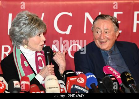 Vienna, Austria. 15th February 2023. Press conference with Richard Lugner (R) and his opera ball star guest 2023 Jane Fonda (L) in Lugner City in Vienna Stock Photo