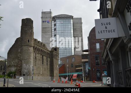 22nd August 2021, Swansea, Wales, United Kingdom. Swansea Castle Ruins and BT Tower. Stock Photo