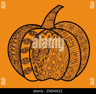 Decorated Halloween pumpkin with a contour pattern in an ethnic style on orange background Stock Vector