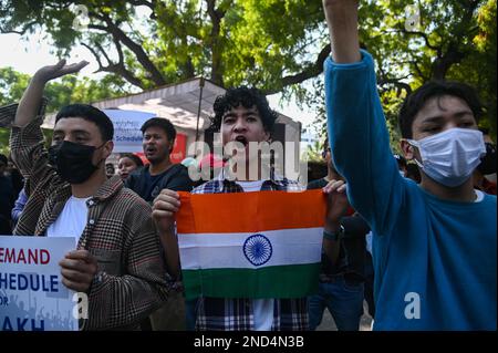 New Delhi, Delhi, India. 15th Feb, 2023. Protestors shout slogans in a protest demanding statehood and other democratic rights for the Ladakh region in the Himalayas, in New Delhi. The Ladakh region was a part of the former state of Jammu and Kashmir, it was divided and made into a Union Territory in 2019 by the Indian Government. (Credit Image: © Kabir Jhangiani/ZUMA Press Wire) EDITORIAL USAGE ONLY! Not for Commercial USAGE! Stock Photo