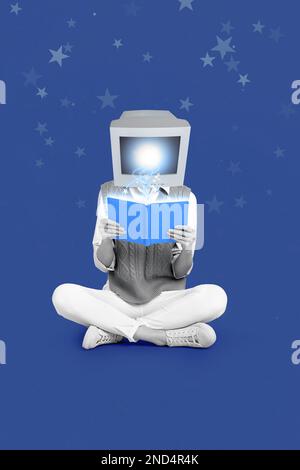 Vertical collage artwork photo of young headless smart programmer education sitting reading book literature lecture isolated on blue background Stock Photo