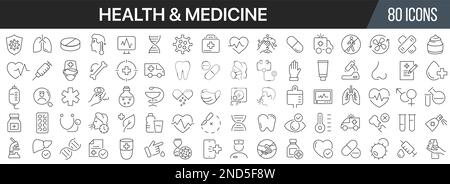 Health and medicine line icons collection. Big UI icon set in a flat design. Thin outline icons pack. Vector illustration EPS10 Stock Vector