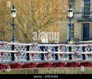 Glasgow, Scotland, UK  15th February, 2023. UK Weather:   Sunny day saw people return to the streets to enjoy the spring like weather.The South Portland Street Suspension Bridge and only a blonde can do it justice. Credit Gerard Ferry/Alamy Live News Stock Photo