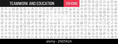 Teamwork and education linear icons collection. Big set of 299 thin line icons in black. Vector illustration Stock Vector