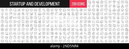 Startup and development linear icons collection. Big set of 299 thin line icons in black. Vector illustration Stock Vector