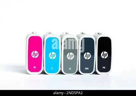 Aktau, Kazakhstan - February 12 2023: Cartridges HP for wide format plotter on white background Stock Photo