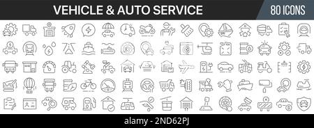 Vehicle and auto service line icons collection. Big UI icon set in a flat design. Thin outline icons pack. Vector illustration EPS10 Stock Vector