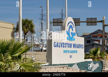 Galveston, Texas - February 2023: Sign outside the cruise terminals in the city's port Stock Photo