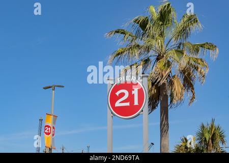 Galveston, Texas - February 2023: Sign at Pier 21 in the city's port Stock Photo