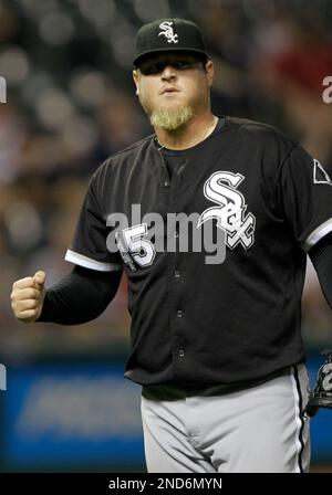 Chicago White Sox relief pitcher Bobby Jenks reacts after throwing