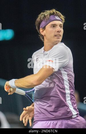 ROTTERDAM, THE NETHERLANDS - FEBRUARY 14 :  Marc-Andrea Huesler of Switserland in action during the 50th ABN AMRO World Tennis Tournement 2023 at Ahoy on February 14, 2023 in Rotterdam, The Netherlands (Photo by Henk Seppen/Orange Pictures) Stock Photo