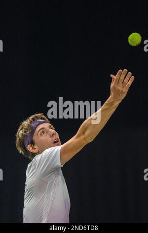 ROTTERDAM, THE NETHERLANDS - FEBRUARY 14 :  Marc-Andrea Huesler of Switserland in action during the 50th ABN AMRO World Tennis Tournement 2023 at Ahoy on February 14, 2023 in Rotterdam, The Netherlands (Photo by Henk Seppen/Orange Pictures) Stock Photo