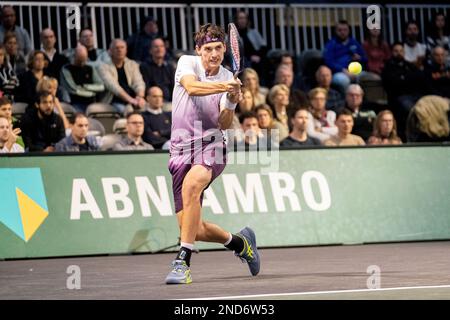 ROTTERDAM, THE NETHERLANDS - FEBRUARY 14 :  Marc-Andrea Huesler of Switserland in action during the 50th ABN AMRO World Tennis Tournement 2023 at Ahoy on February 14, 2023 in Rotterdam, The Netherlands (Photo by Henk Seppen/Orange Pictures) Stock Photo