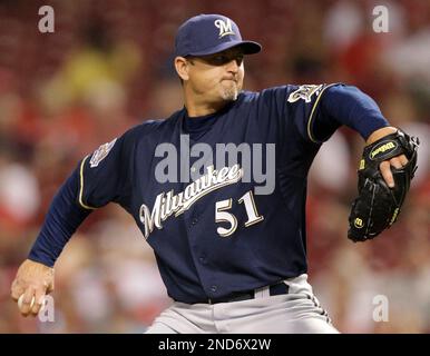 Milwaukee Brewers relief pitcher Trevor Hoffman (51) pitches during the 9th  inning of the game between the Milwaukee Brewers and Chicago Cubs at Miller  Park in Milwaukee, Wisconsin. The Cubs defeated the