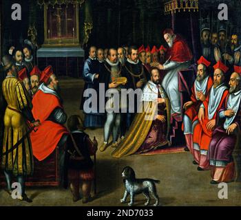 Pope Pius V, Crowns Cosimo I, Grand Duke of Tuscany, 1569, Painting is in the, Cappelle Medicee, 16th Century, Tine Art Museum, Italy, Italian, Stock Photo