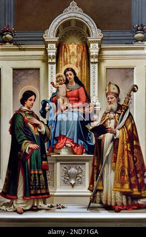 Madonna Enthroned and St. Lawrence and St. Zenobi, by Z. Canovai, 19th century,  Saints Zenobius (337-417) and Lawrence (225-258) are wearing anachronistic  clothes Museum Fine Art, Italy, Italian, Basilica of San Lorenzo was the parish church of the Medici family. Stock Photo