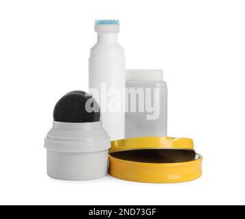 Set of shoe care products on white background Stock Photo