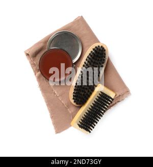 Different shoe care products on white background, top view Stock Photo