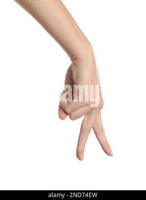 Woman imitating walk with hand on white  background, closeup. Finger gesture Stock Photo