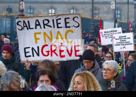French Workers Marching In Protest Against The French Government Rasing The Retirement Age, Paris France, 7th Feb 2023 Stock Photo