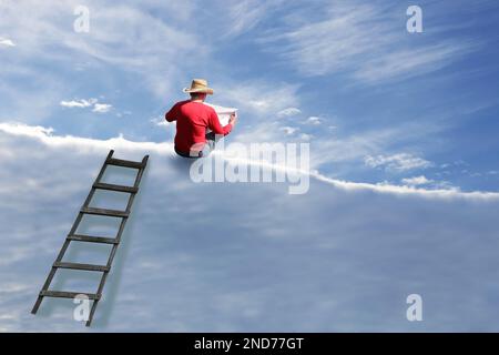 The farmer climbed the stairs to the cloud and reads the newspaper. Digital composition. Stock Photo