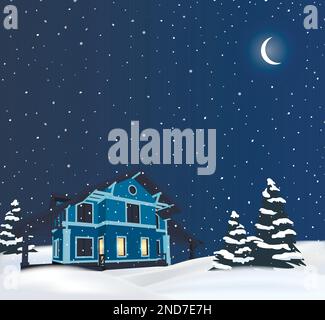 Vector night winter snowy countryside cottage illustration Stock Vector