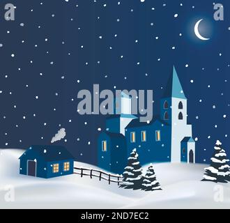 Vector night winter snowy countryside illustration Stock Vector