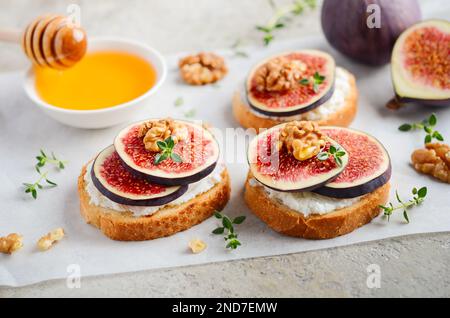 Bruschetta with fresh ricotta cheese, figs, nuts, thyme and honey on gray concrete background. Stock Photo