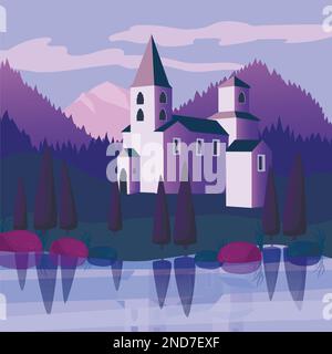 Vector illustration of an evening or dawn church or castle at the lake in the mountains Stock Vector