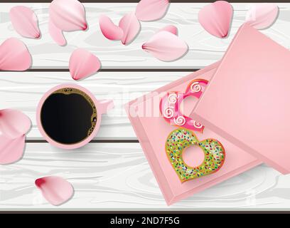 Vector flat lay still life of a pink cup of black coffee and a box of heart shaped doughnuts on the white wooden table with pink petals Stock Vector