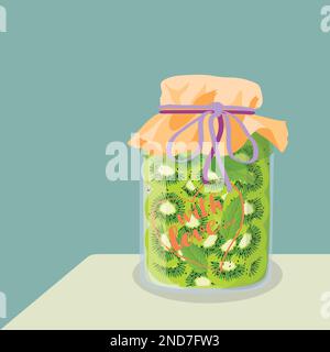 Hand drawn cartoon jar of kiwi jam on the table and text made with love. Vector illustration Stock Vector