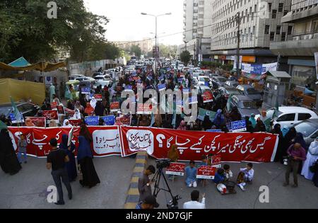 Members of Pakistan Markazi Muslim League (Women Wing) are holding protest demonstration against IMF Policies and massive unemployment, increasing price of daily use products and inflation price hiking, at Karachi press club on Wednesday, February 15, 2023. Stock Photo