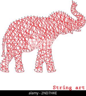 Silhouette of a red elephant, side view. Nail thread string art vector design Stock Vector